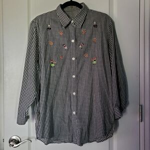 Vintage Sinill Floral Embroidery Black and White Gingham Womens L Button Up